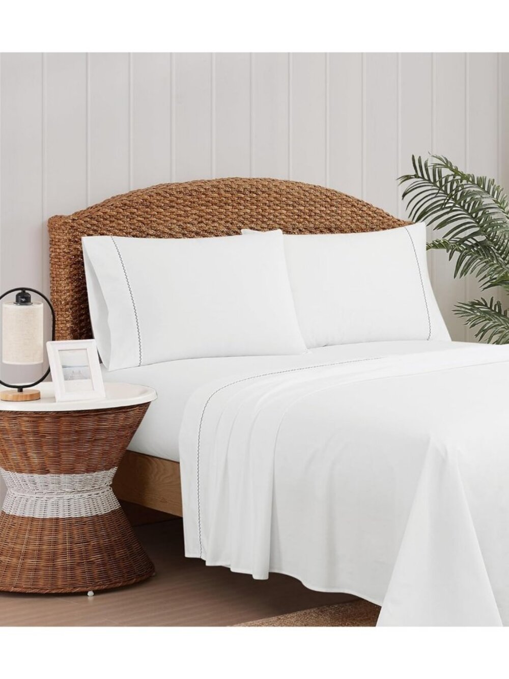 White 4-Piece Queen Sheet Set, Solid Color, Embroidered Hem, Oeko-TEX Certified